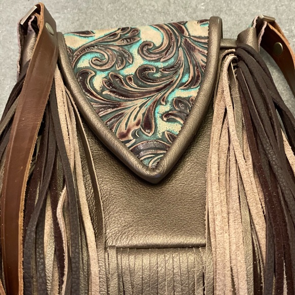 Metallic bronze and accents in turquoise and brown embossed crossbody purse - Picture 10 of 15